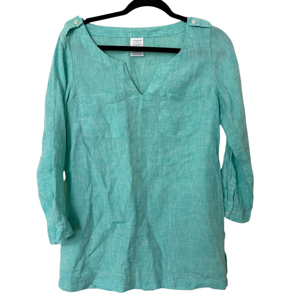 Lands' End Womens 4 Tunic Top Blue Green Pastel 100% Linen Beach Resortwear